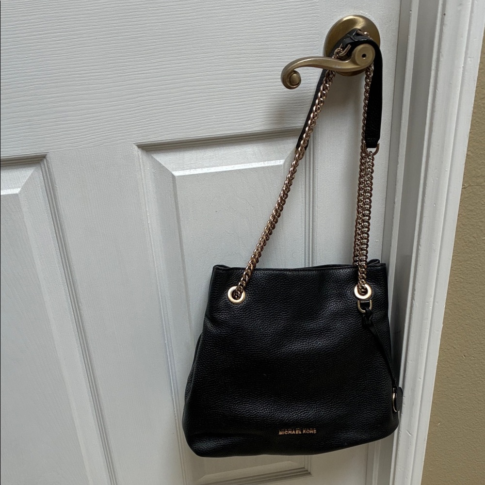 MICHAEL Michael Kors Black Pebbled Leather Shoulder Bag with Gold Chain Strap